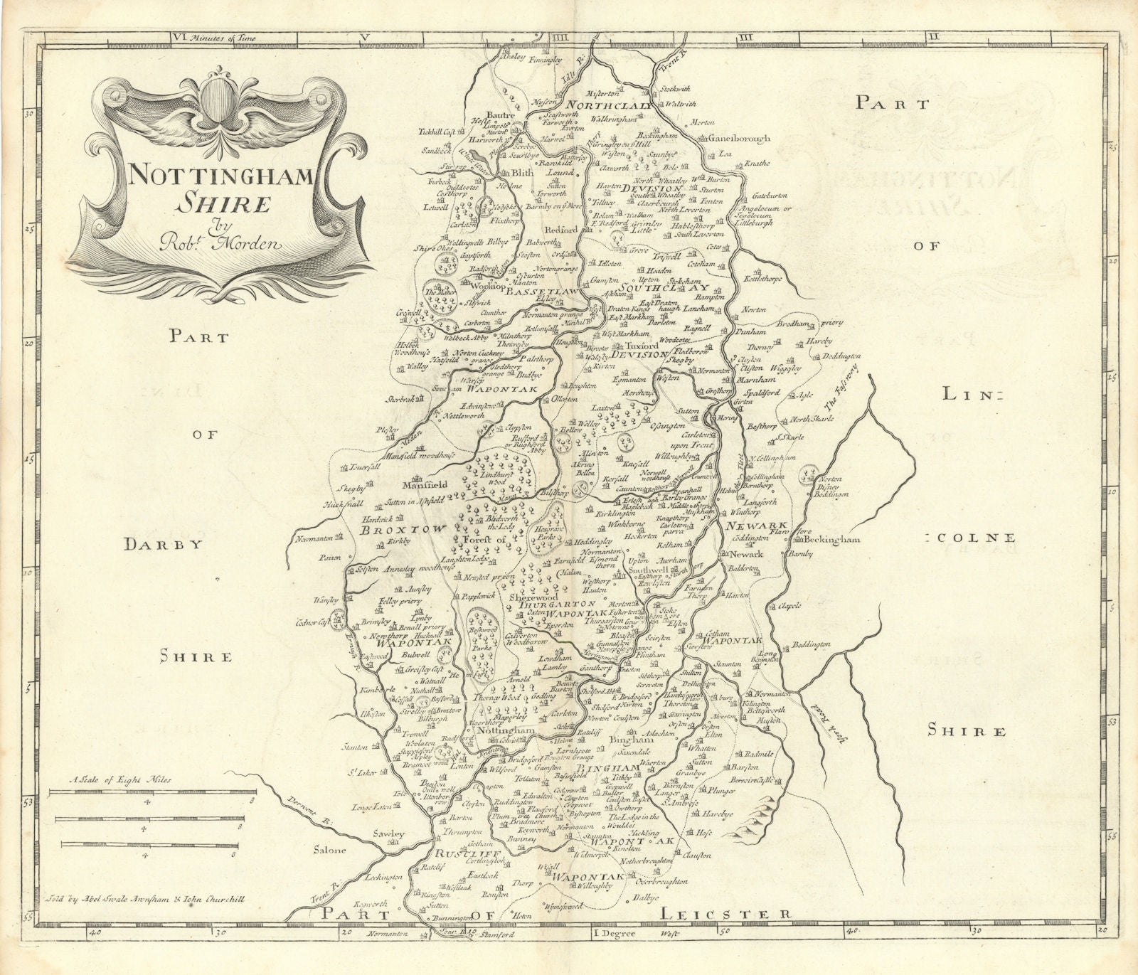NOTTINGHAMSHIRE from Camden's Britannia by ROBERT MORDEN 1722 old antique map